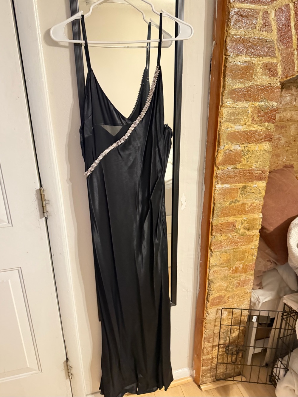 ZARA Black Satin Rhinestone Trim Maxi Slip Dress – Size XXL – NWT